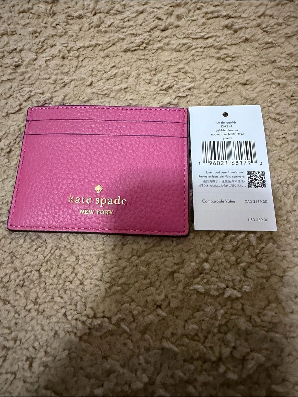 kate spade New York Hot Pink Pebbled Leather Card Holder with Gold Logo